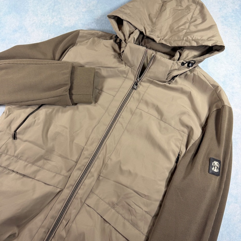 Brunello Cucinelli Hooded Bomber Jacket Mens 2XL Tan Quilted Mixed Media